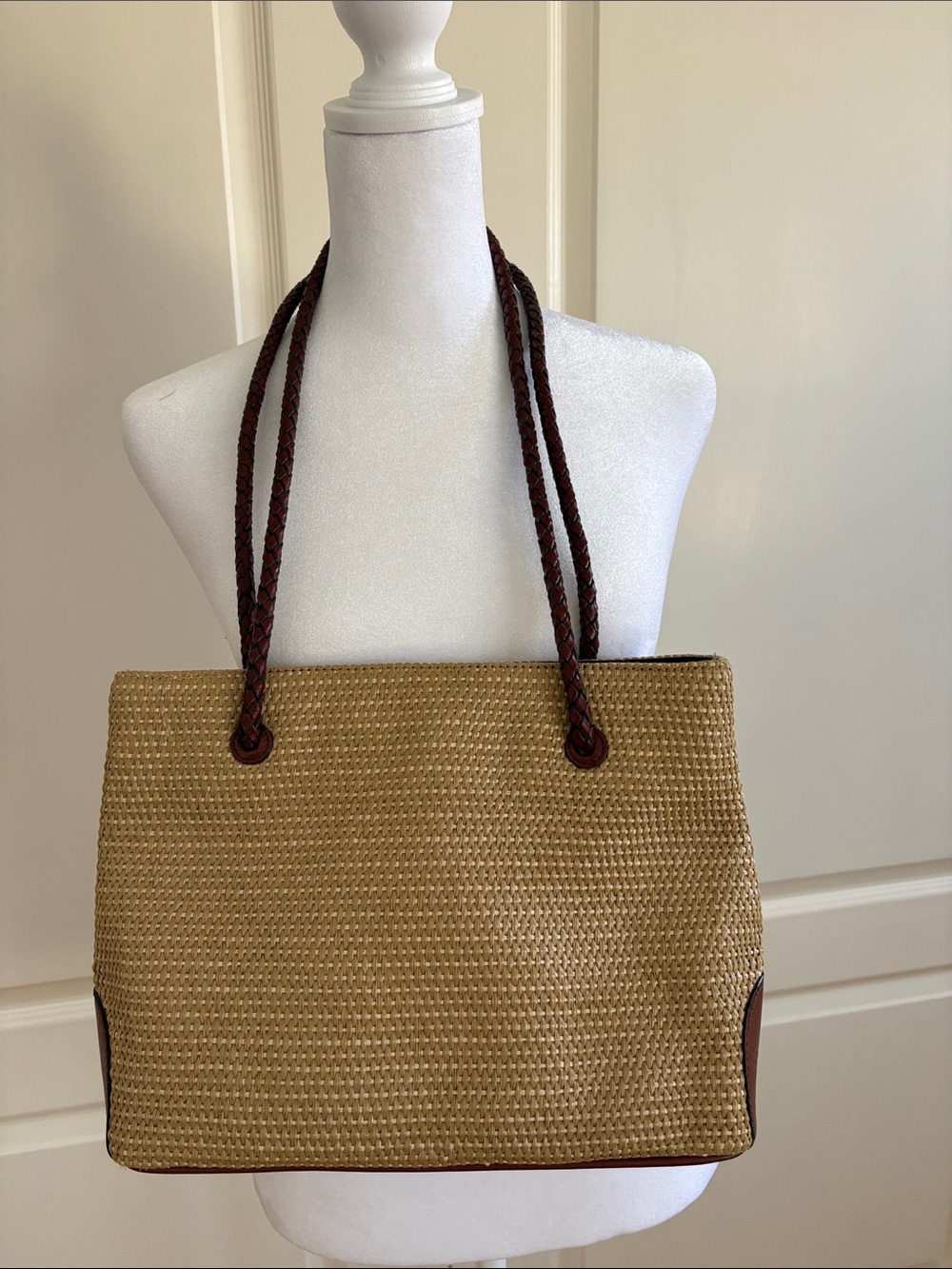 VINTAGE ETIENNE AIGNER MINI STRAW AND LEATHER TOTE/ SHOULDER BAG Mid 1990’s